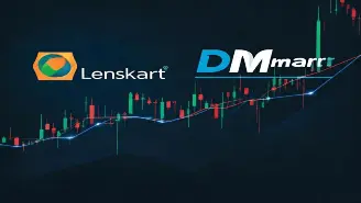 Lenskart IPO logo with a rising IPO chart and Radhakishan Damani.