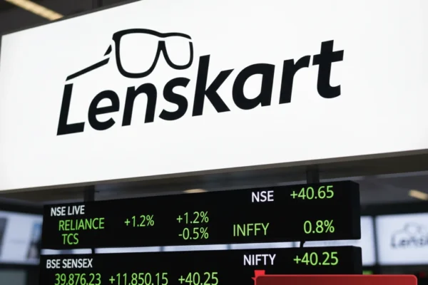 Lenskart listing NSE BSE debut chart showing listing price vs ₹402 IPO price