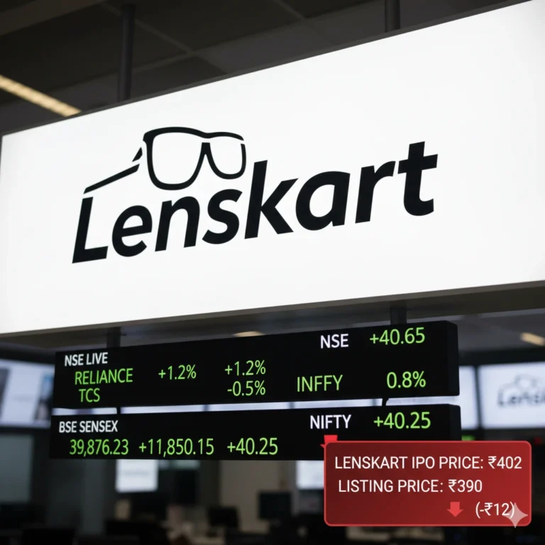 Lenskart listing NSE BSE debut chart showing listing price vs ₹402 IPO price