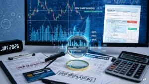 Professional reviewing major financial changes and tax documents on a desk