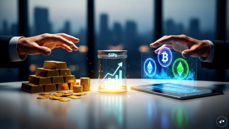 A professional investor reviewing a portfolio containing sips, gold, crypto: assets on a digital dashboard.