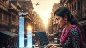 A digital visualization representing the gap between India's AI talent pool and private investment funding