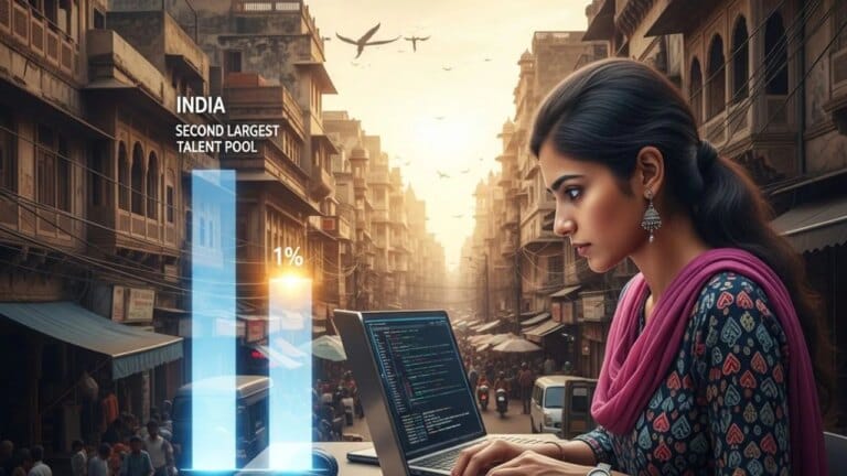 A digital visualization representing the gap between India's AI talent pool and private investment funding