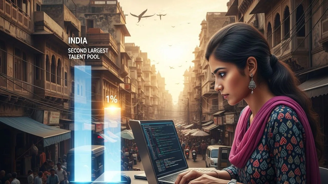 A digital visualization representing the gap between India's AI talent pool and private investment funding
