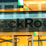 BlackRock logo and digital finance blockchain network visualization