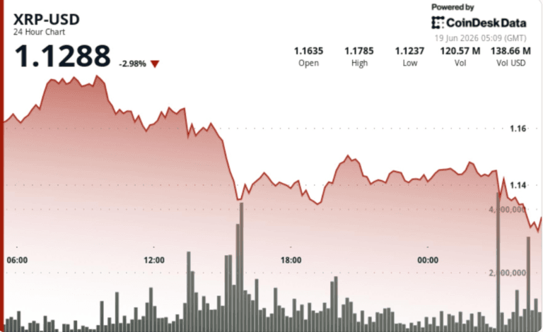 A professional financial chart showing the price decline of XRP against a support level