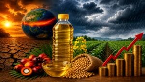 Close up of various cooking oils in glass bottles representing edible oil prices