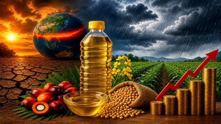 Close up of various cooking oils in glass bottles representing edible oil prices