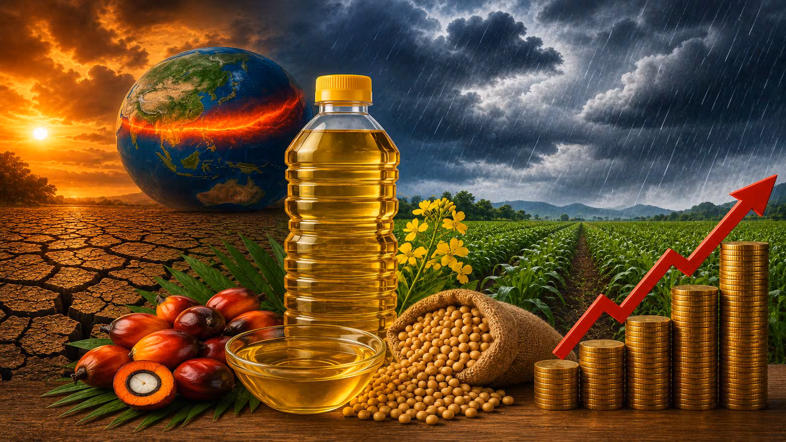 Close up of various cooking oils in glass bottles representing edible oil prices