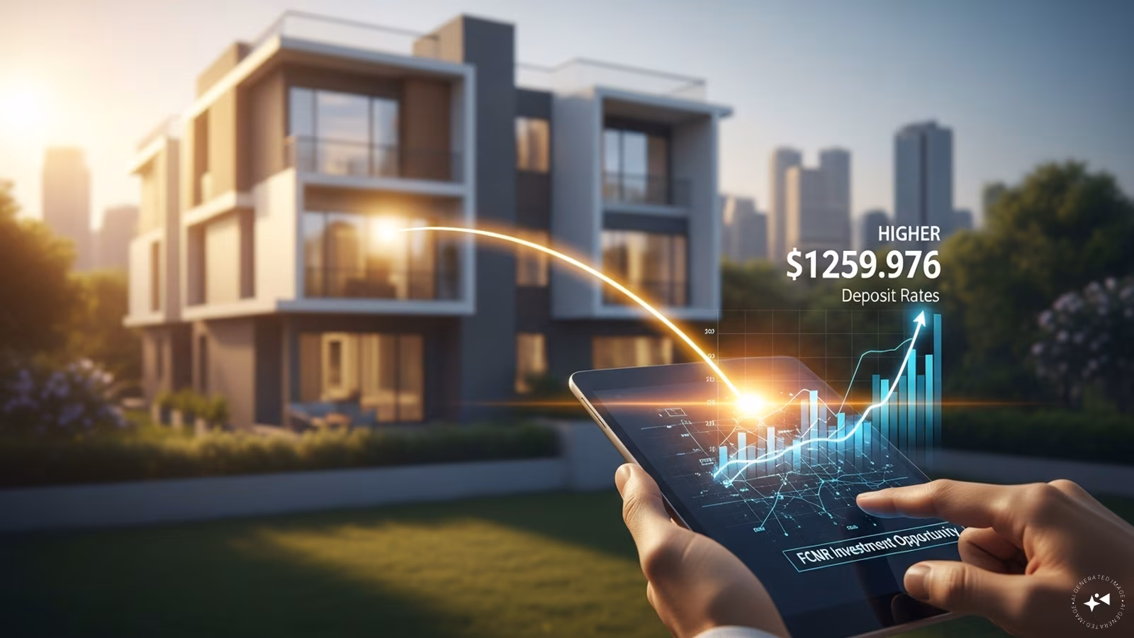 A professional analyzing NRI deposit rates and real estate charts