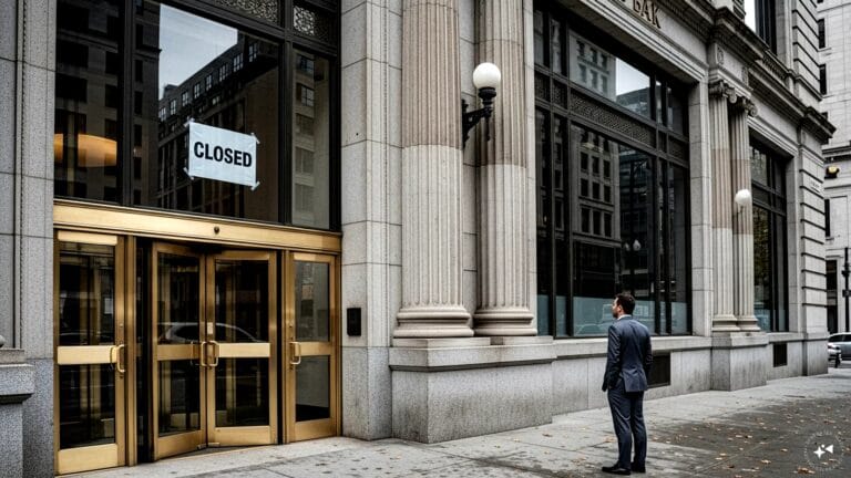 Professional bank building exterior during a holiday closure