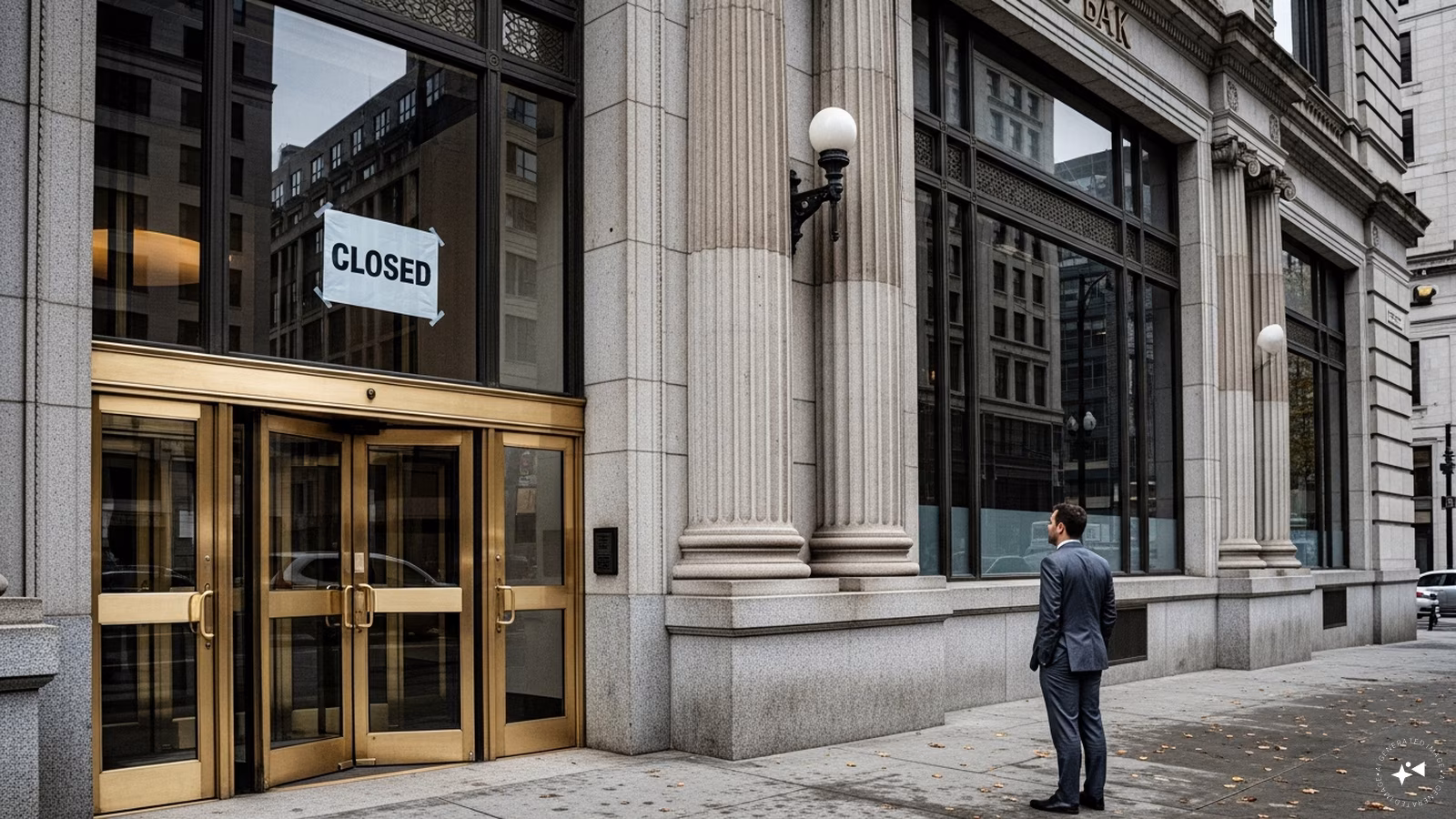 Professional bank building exterior during a holiday closure