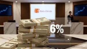 Bank of Baroda corporate building and digital banking interface