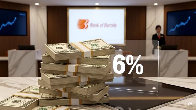 Bank of Baroda corporate building and digital banking interface