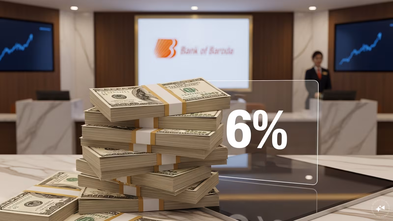 Bank of Baroda corporate building and digital banking interface