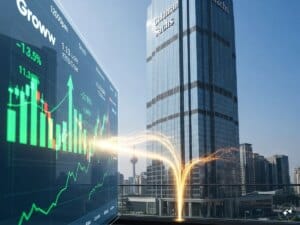 Goldman Sachs logo with financial growth charts representing the recent Groww investment
