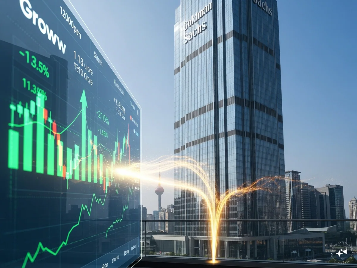 Goldman Sachs logo with financial growth charts representing the recent Groww investment