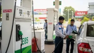 A modern petrol pump in India displaying E85 fuel options for sustainable transportation.