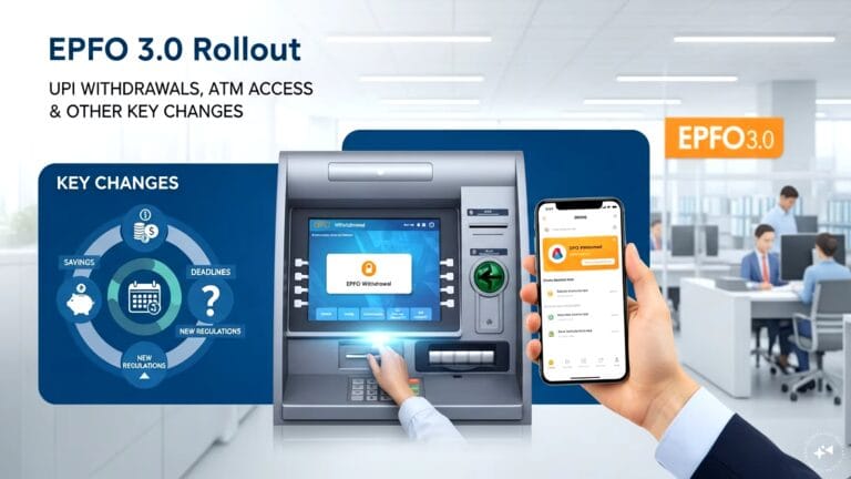 A digital interface showing the epfo 3.0 rollout: dashboard with UPI and ATM withdrawal options.