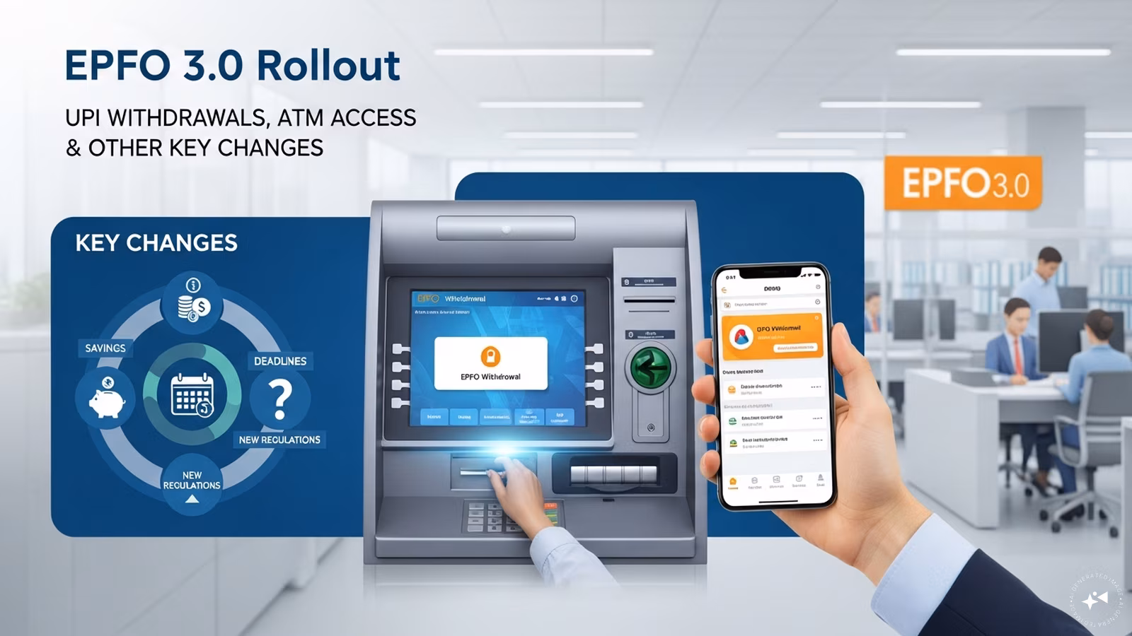 A digital interface showing the epfo 3.0 rollout: dashboard with UPI and ATM withdrawal options.