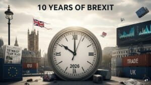 Economic chart showing the 10 years after Brexit impact on UK trade and migration