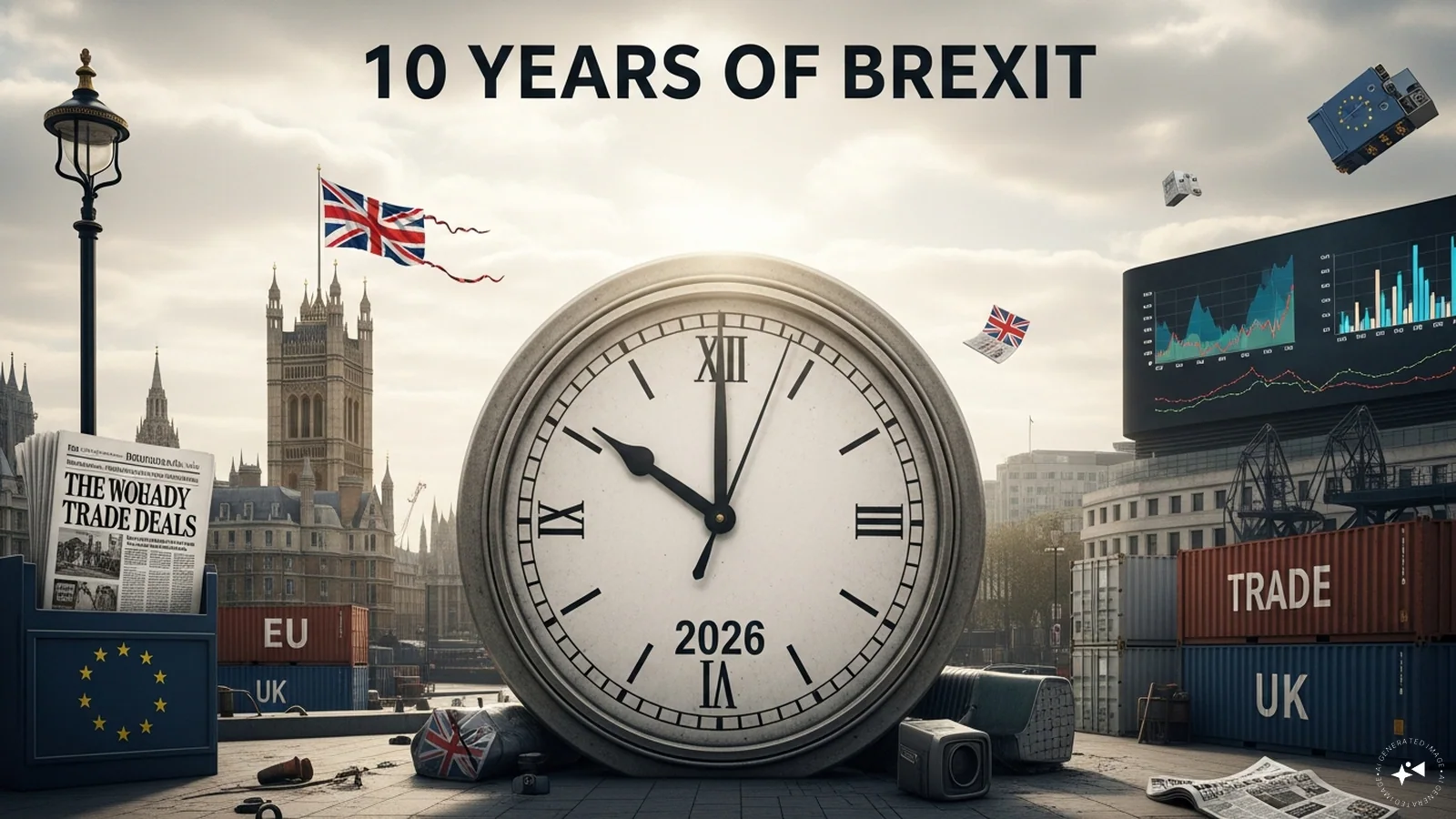 Economic chart showing the 10 years after Brexit impact on UK trade and migration