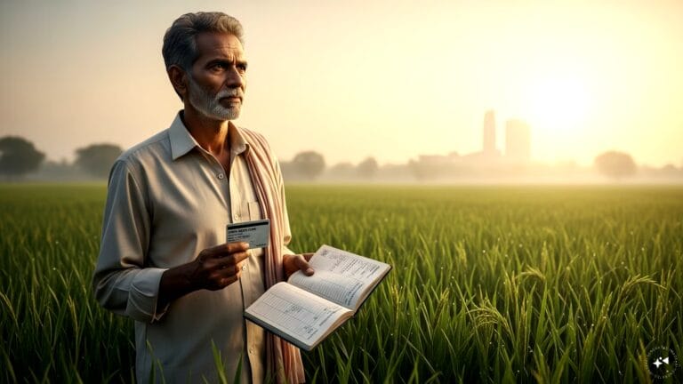 A farmer reviewing financial documents in a field representing the rbi to revise policy update