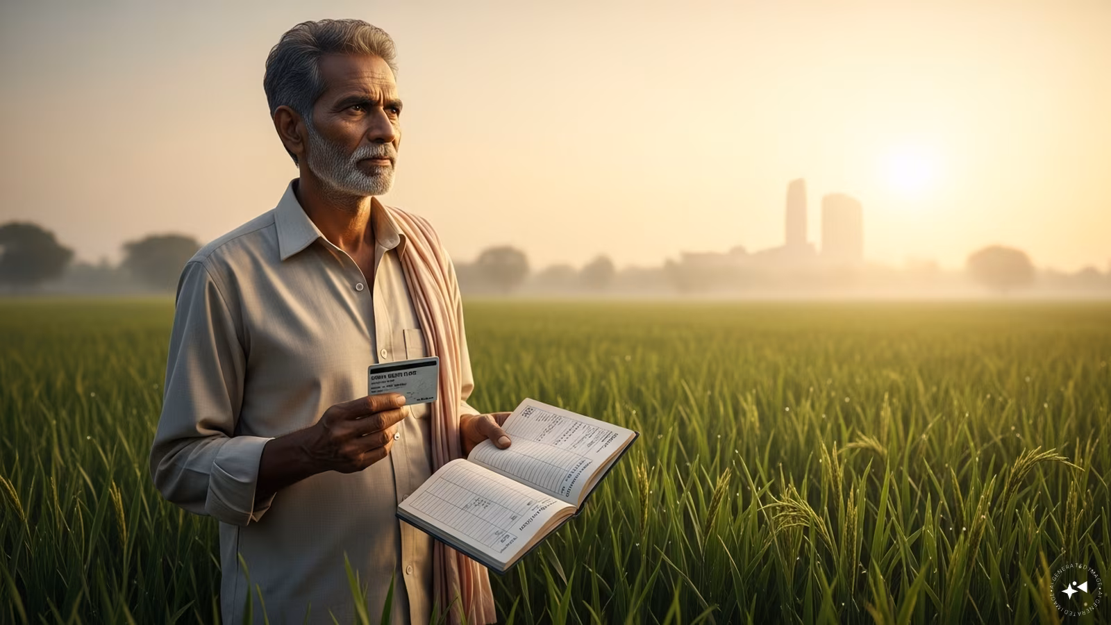 A farmer reviewing financial documents in a field representing the rbi to revise policy update