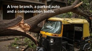 A fallen tree branch, resting on a damaged vehicle after a storm