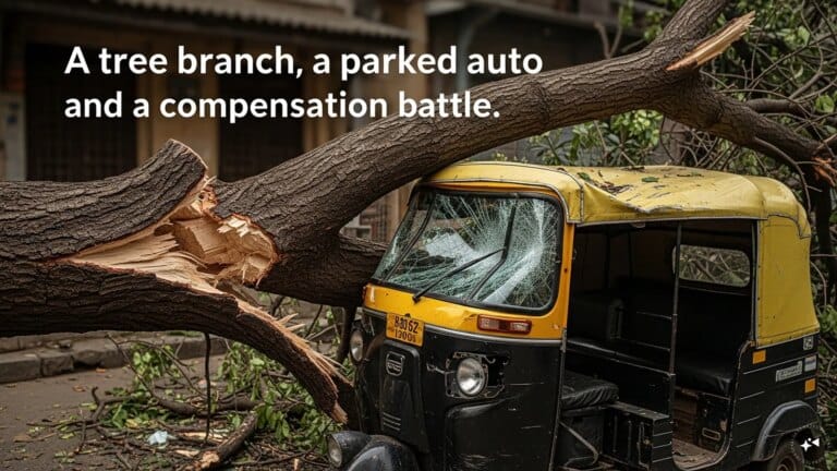 A fallen tree branch, resting on a damaged vehicle after a storm