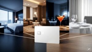 A traveler checking into a luxury hotel using premium credit card benefits