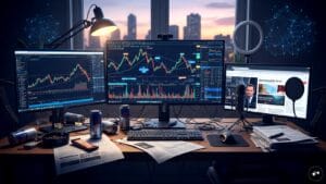 A young investor looking at a smartphone screen showing stock market charts and financial influencer content.