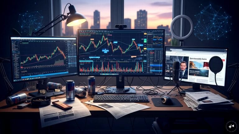 A young investor looking at a smartphone screen showing stock market charts and financial influencer content.