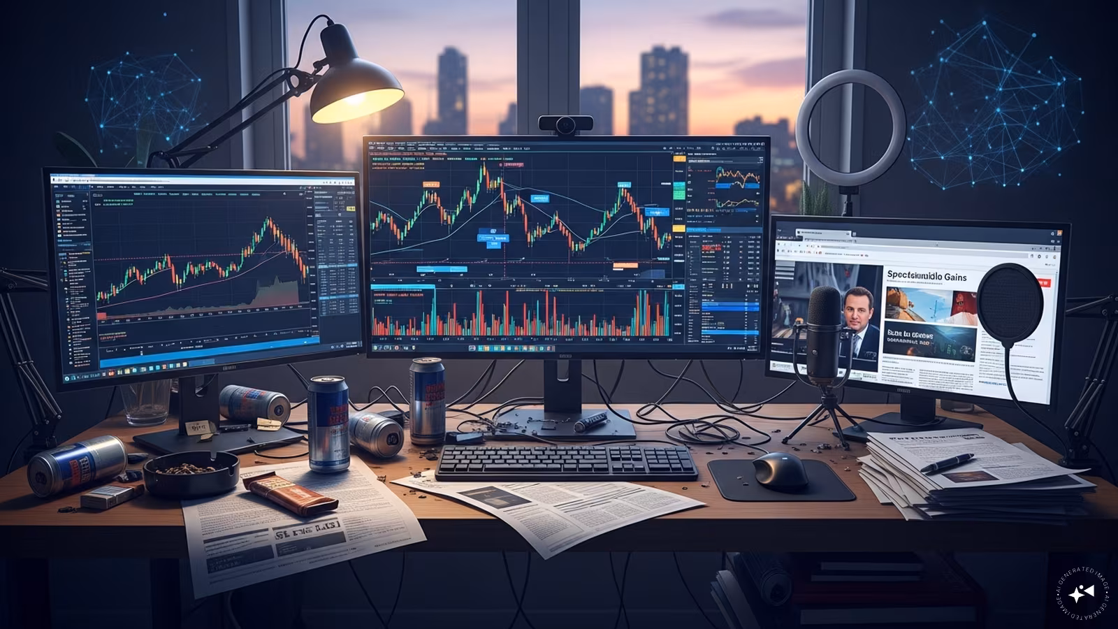 A young investor looking at a smartphone screen showing stock market charts and financial influencer content.