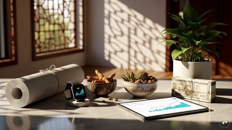 A professional analyzing health data on a tablet to represent global wellness day: investment strategies