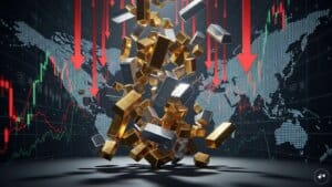 A digital chart showing a downward trend in gold and silver ETF market prices