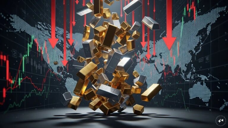 A digital chart showing a downward trend in gold and silver ETF market prices