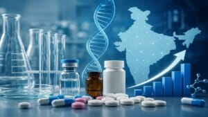 A professional analyzing a pharma innovation outlook chart in a laboratory setting.