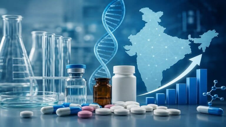 A professional analyzing a pharma innovation outlook chart in a laboratory setting.