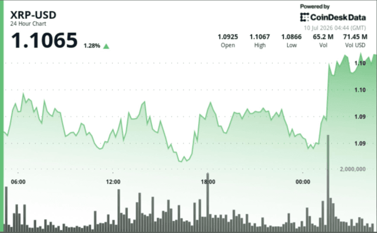 XRP price chart showing a 2% increase and testing the $1.10 support level