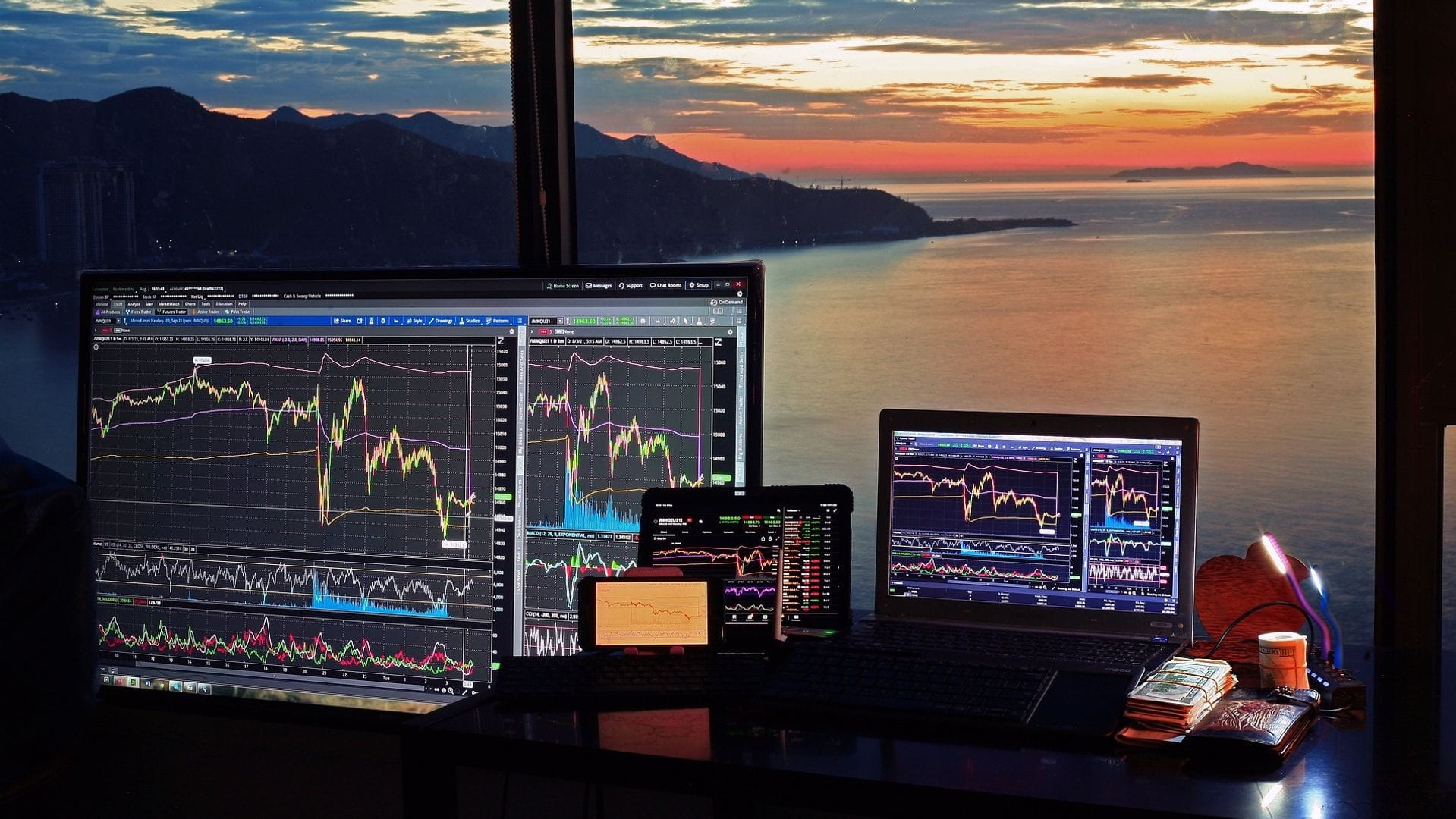 Professional financial analyst reviewing bitcoin market cycle charts on a digital screen