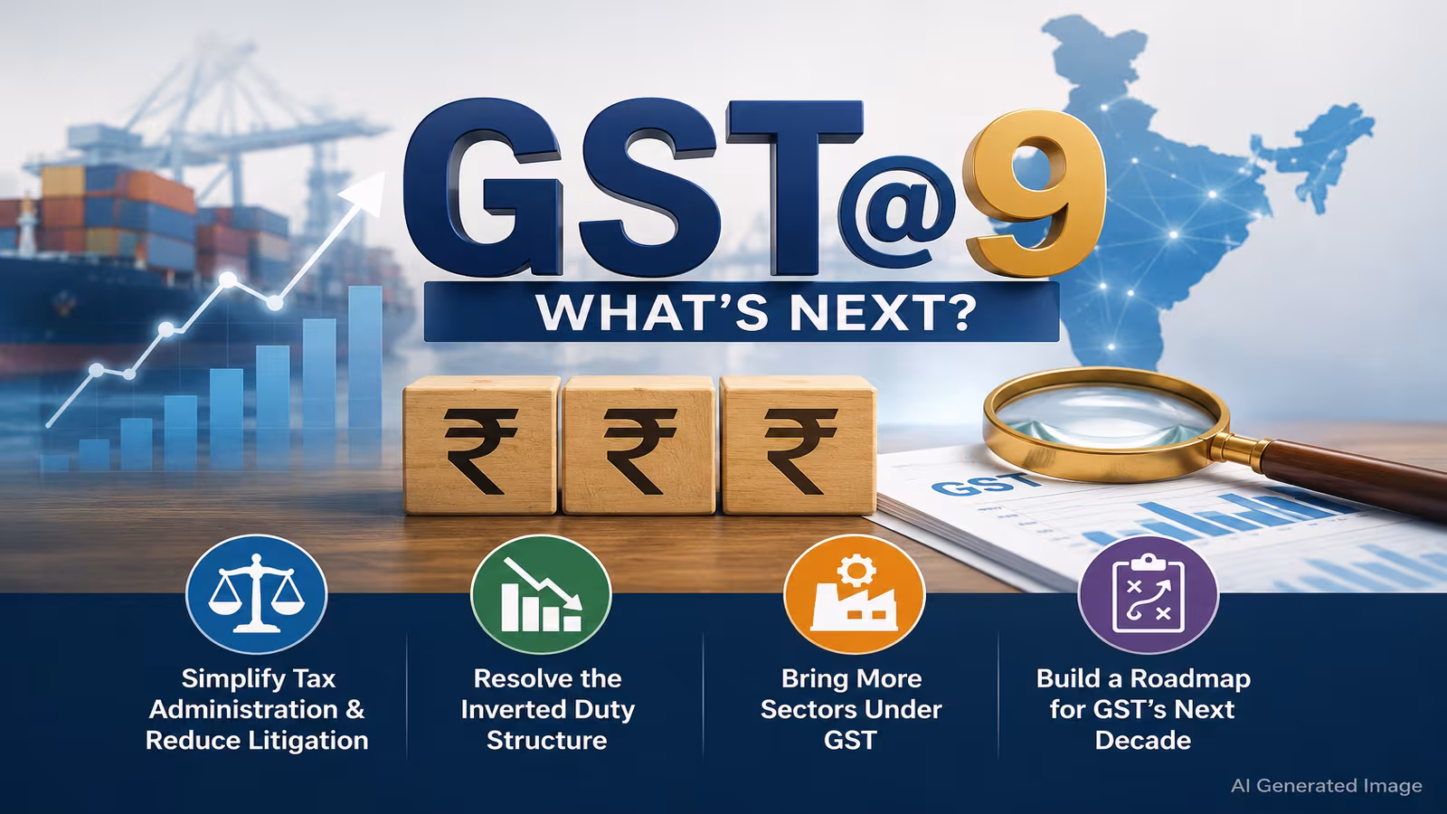 gst at 9: The Critical Game-Changing Guide for Businesses 1 Professional infographic showing the evolution of India's GST at 9 years