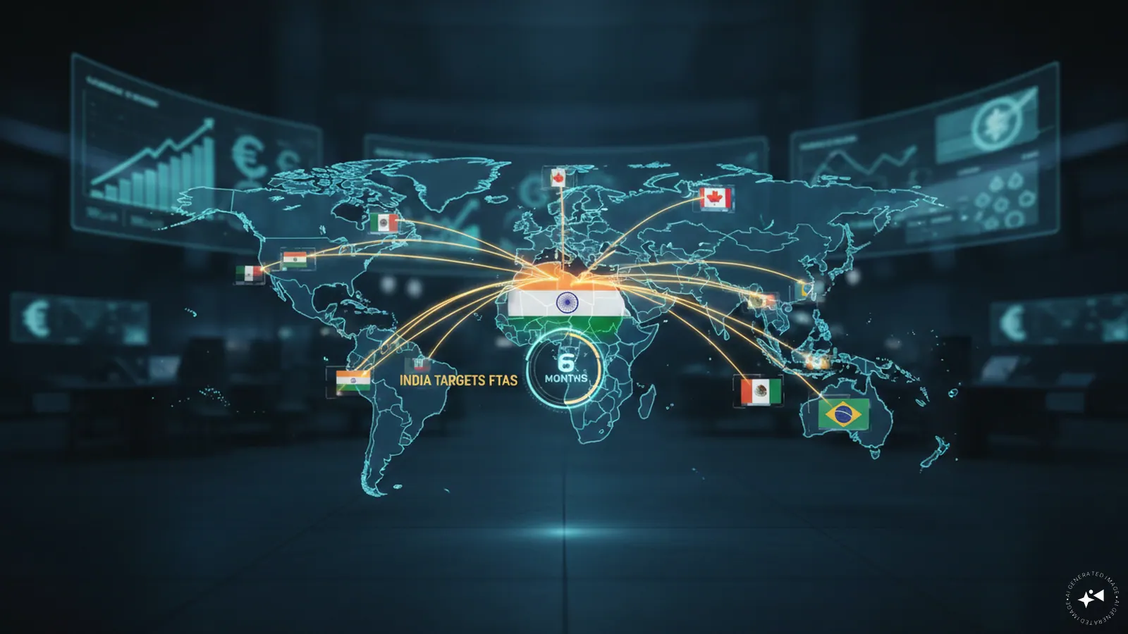 A professional chart showing the growth of India's international trade agreements and global market expansion.