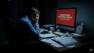 Professional accountant reviewing itr filing 2026: documents on a laptop