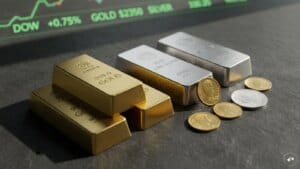 Gold bars and coins reflecting market volatility during a gold near one-week price dip