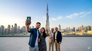 Indian tourist using a smartphone to book a trip to the Burj Khalifa in Dubai