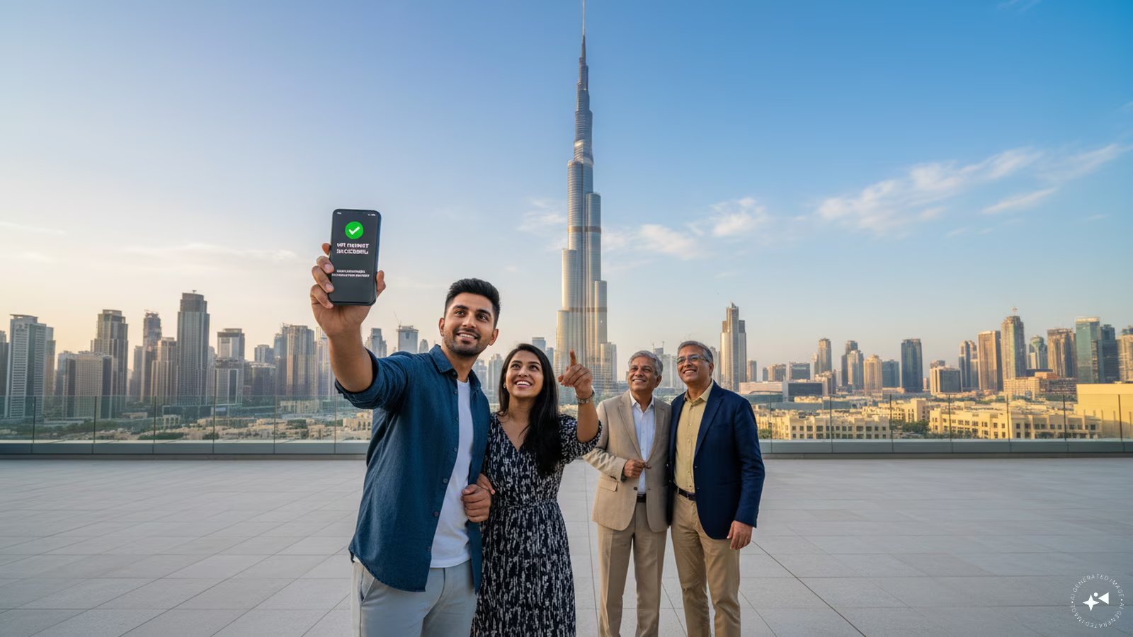 Indian tourist using a smartphone to book a trip to the Burj Khalifa in Dubai