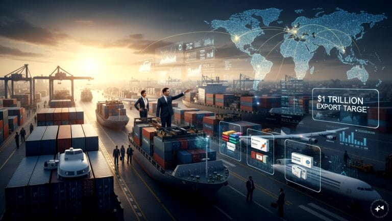 India aims to: The Key Guide for Global Export Growth 1 A professional chart showing the growth trajectory of Indian exports toward the $1 trillion goal.