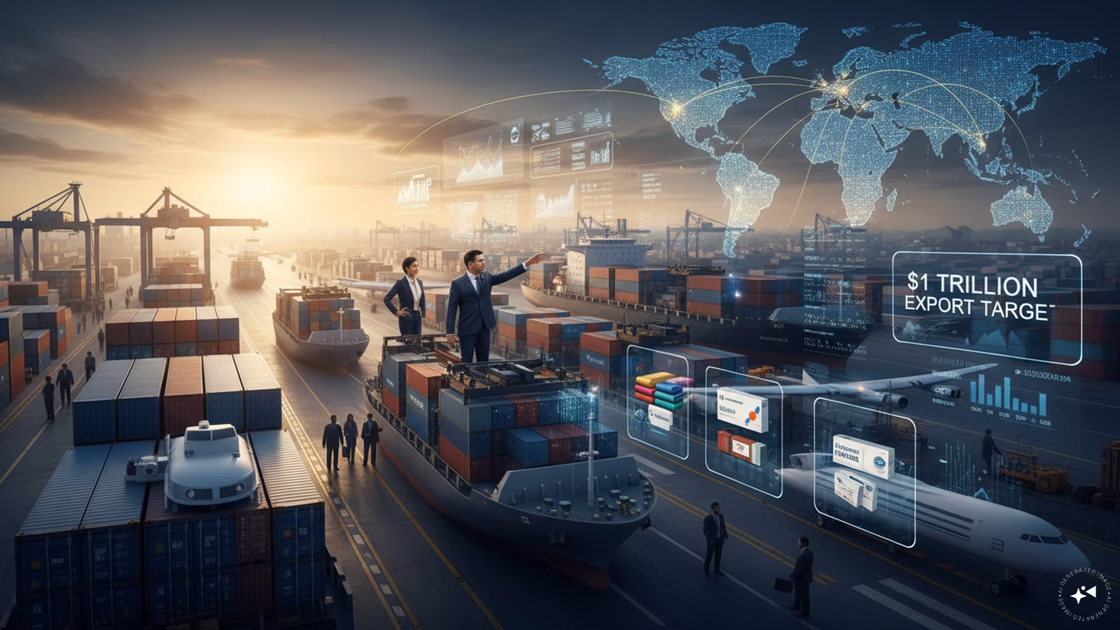 India aims to: The Key Guide for Global Export Growth 1 A professional chart showing the growth trajectory of Indian exports toward the $1 trillion goal.