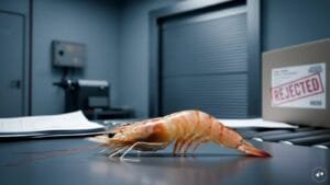 A professional inspection of Indian shrimp for export quality control